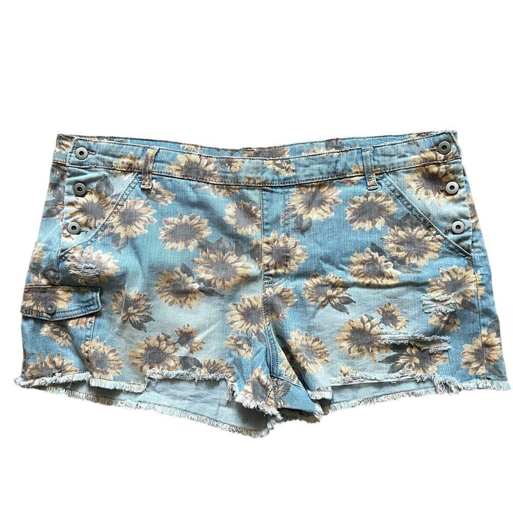 No Boundaries Sunflower Floral Denim Shorts Womens XXL 19 Blue Frayed Distressed